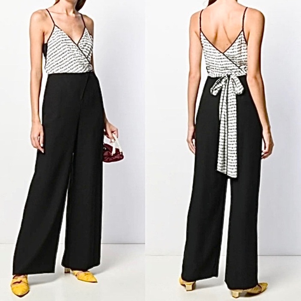 New DVF monogram silk wrap top & black bottom jumpsuit